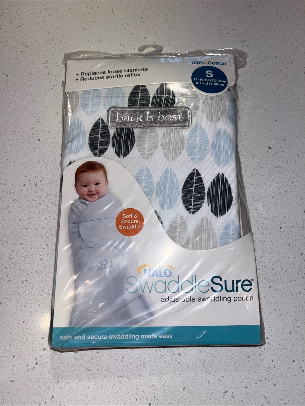 Halo Baby Swaddle Sack in Light Blue and Black Leaf Pattern